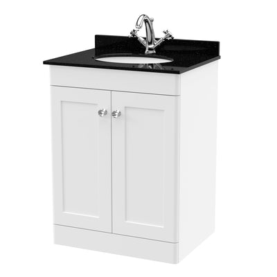 Classique 600mm Floor Standing Vanity Unit With 2 Doors With Black Marble Worktop With Round Basin - Satin White