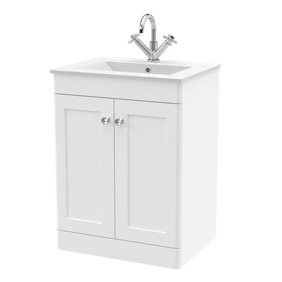 Classique 600mm Floor Standing Vanity Unit With 2 Doors With Minimalist Ceramic Basin - Satin White