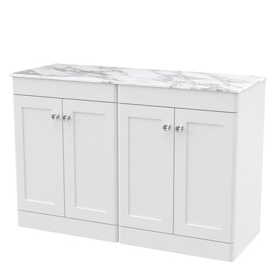 Classique 1200mm Floor Standing Vanity Unit With 4 Doors With Carrera Marble Worktop - Satin White