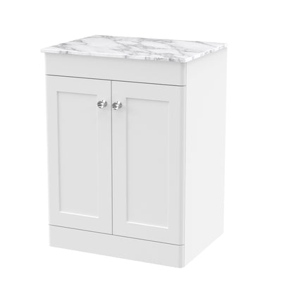 Classique 600mm Floor Standing Vanity Unit With 2 Doors With Carrera Marble Worktop - Satin White