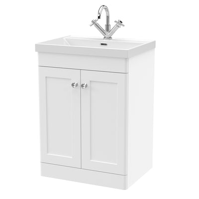 Classique 600mm Floor Standing Vanity Unit With 2 Doors With Thin Edge Ceramic Basin - Satin White