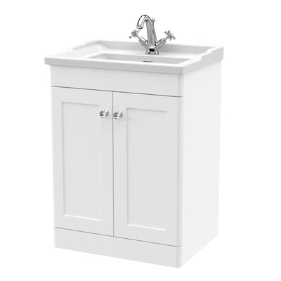 Classique 600mm Floor Standing Vanity Unit With 2 Doors With Traditional Basin - Satin White