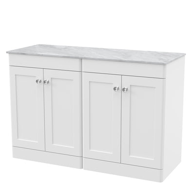 Classique 1200mm Floor Standing Vanity Unit With 4 Doors With Grey Marble Worktop - Satin White