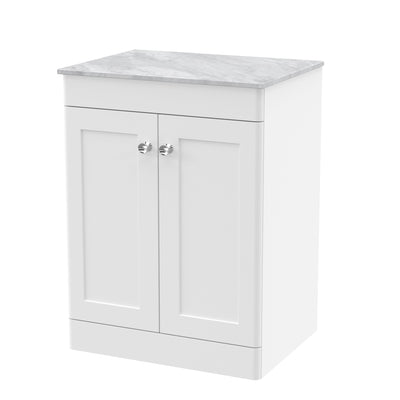 Classique 600mm Floor Standing Vanity Unit With 2 Doors With Grey Marble Worktop - Satin White