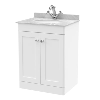 Classique 600mm Floor Standing Vanity Unit With 2 Doors With Grey Marble Worktop With Round Basin - Satin White