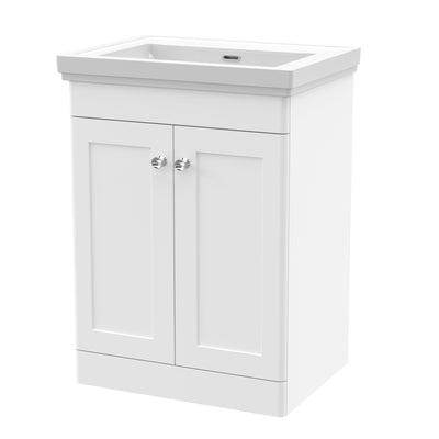 Classique 600mm Floor Standing Vanity Unit With 2 Doors With Fireclay Basin - Satin White