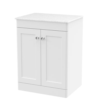 Classique 600mm Floor Standing Vanity Unit With 2 Doors With White Marble Worktop - Satin White