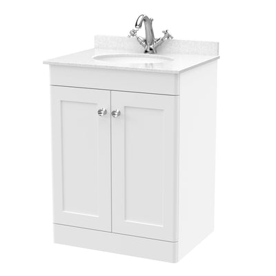 Classique 600mm Floor Standing Vanity Unit With 2 Doors With White Marble Worktop With Round Basin - Satin White