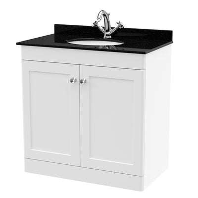 Classique 800mm Floor Standing Vanity Unit With 2 Doors With Black Marble Worktop With Round Basin - Satin White