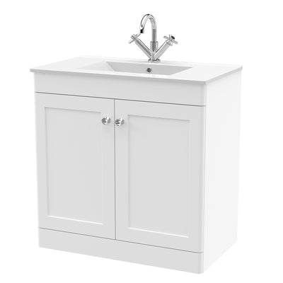 Classique 800mm Floor Standing Vanity Unit With 2 Doors With Minimalist Ceramic Basin - Satin White