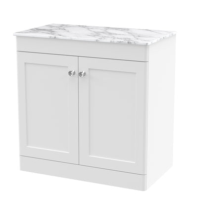 Classique 800mm Floor Standing Vanity Unit With 2 Doors With Carrera Marble Worktop - Satin White