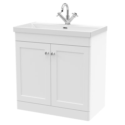 Classique 800mm Floor Standing Vanity Unit With 2 Doors With Thin Edge Ceramic Basin - Satin White