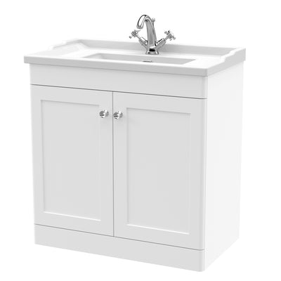 Classique 800mm Floor Standing Vanity Unit With 2 Doors With Traditional Basin - Satin White