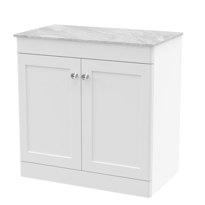 Classique 800mm Floor Standing Vanity Unit With 2 Doors With Grey Marble Worktop - Satin White