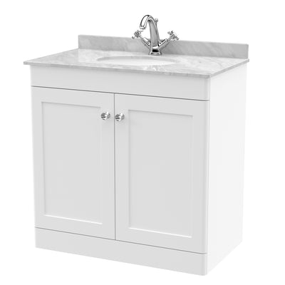 Classique 800mm Floor Standing Vanity Unit With 2 Doors With Grey Marble Worktop With Round Basin - Satin White