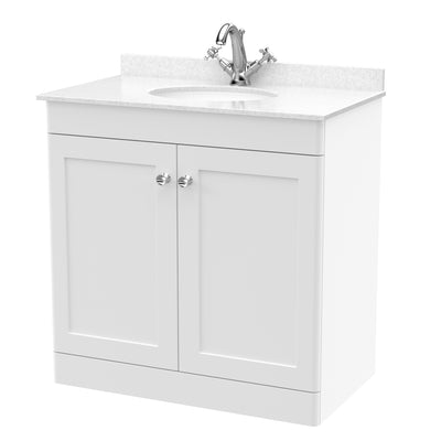 Classique 800mm Floor Standing Vanity Unit With 2 Doors With White Marble Worktop With Round Basin - Satin White