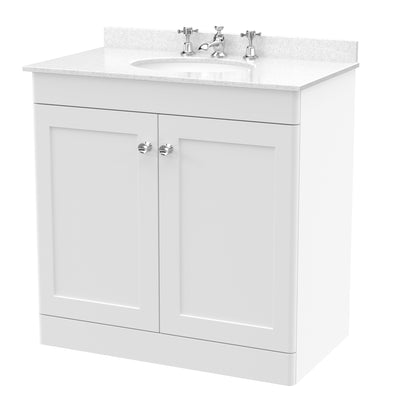 Classique 800mm Floor Standing Vanity Unit With 2 Doors With White Marble Worktop With Round Basin - Satin White