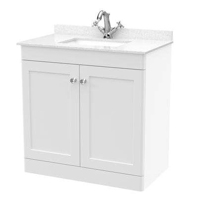 Classique 800mm Floor Standing Vanity Unit With 2 Doors With White Marble Worktop With Square Basin - Satin White