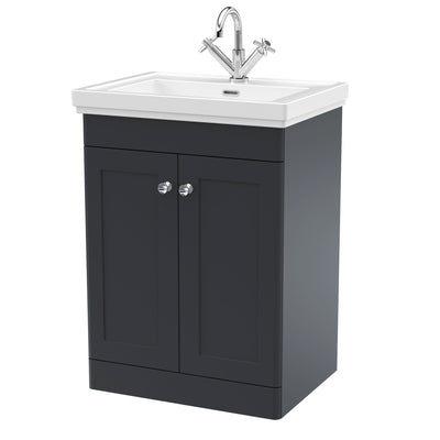 Classique 600mm Floor Standing Vanity Unit With 2 Doors With Fireclay Basin - Soft Black