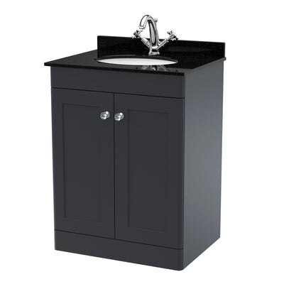 Classique 600mm Floor Standing Vanity Unit With 2 Doors With Black Marble Worktop With Round Basin - Soft Black