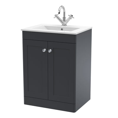 Classique 600mm Floor Standing Vanity Unit With 2 Doors With Minimalist Ceramic Basin - Soft Black