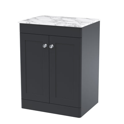 Classique 600mm Floor Standing Vanity Unit With 2 Doors With Carrera Marble Worktop - Soft Black