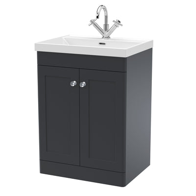 Classique 600mm Floor Standing Vanity Unit With 2 Doors With Thin Edge Ceramic Basin - Soft Black