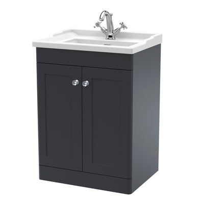 Classique 600mm Floor Standing Vanity Unit With 2 Doors With Traditional Basin - Soft Black