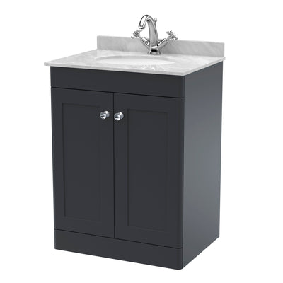 Classique 600mm Floor Standing Vanity Unit With 2 Doors With Grey Marble Worktop With Round Basin - Soft Black