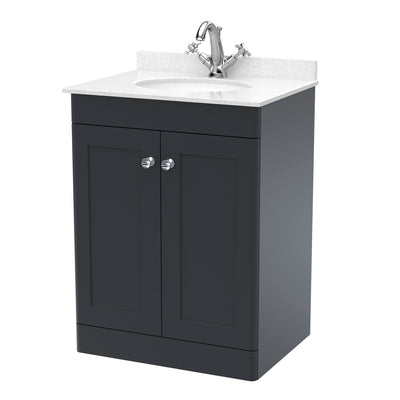 Classique 600mm Floor Standing Vanity Unit With 2 Doors With White Marble Worktop With Round Basin - Soft Black