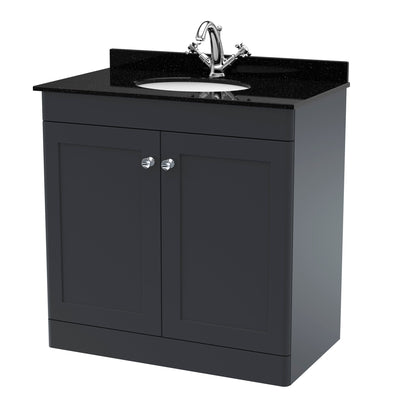 Classique 800mm Floor Standing Vanity Unit With 2 Doors With Black Marble Worktop With Round Basin - Soft Black