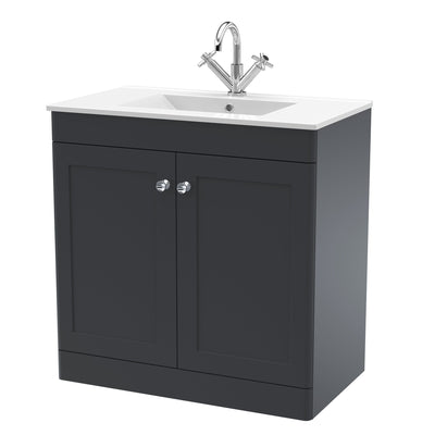 Classique 800mm Floor Standing Vanity Unit With 2 Doors With Minimalist Ceramic Basin - Soft Black