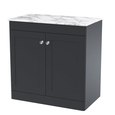 Classique 800mm Floor Standing Vanity Unit With 2 Doors With Carrera Marble Worktop - Soft Black