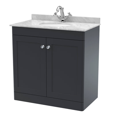 Classique 800mm Floor Standing Vanity Unit With 2 Doors With Grey Marble Worktop With Round Basin - Soft Black