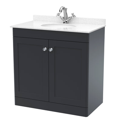 Classique 800mm Floor Standing Vanity Unit With 2 Doors With White Marble Worktop With Round Basin - Soft Black