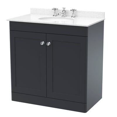 Classique 800mm Floor Standing Vanity Unit With 2 Doors With White Marble Worktop With Round Basin - Soft Black