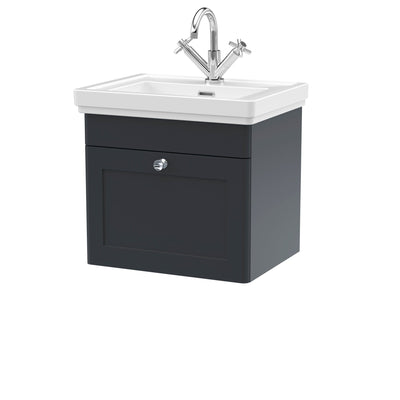 Classique 500mm Wall Hung Vanity Unit With 1 Drawer With Fireclay Basin - Soft Black