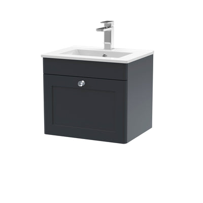 Classique 500mm Wall Hung Vanity Unit With 1 Drawer With Minimalist Ceramic Basin - Soft Black