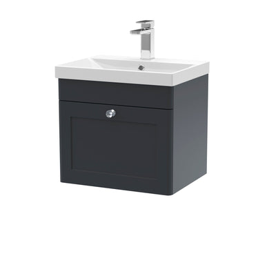 Classique 500mm Wall Hung Vanity Unit With 1 Drawer With Thin Edge Ceramic Basin - Soft Black