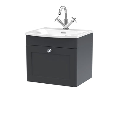 Classique 500mm Wall Hung Vanity Unit With 1 Drawer With Curved Ceramic Basin - Soft Black