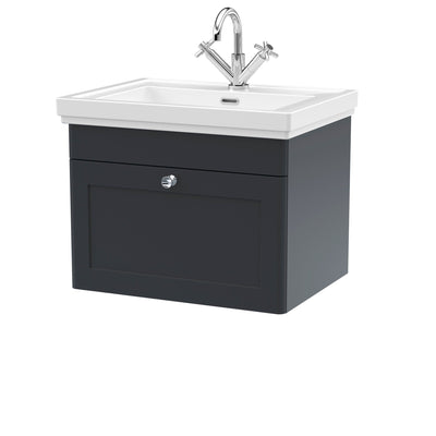 Classique 600mm Wall Hung Vanity Unit With 1 Drawer With Fireclay Basin - Soft Black