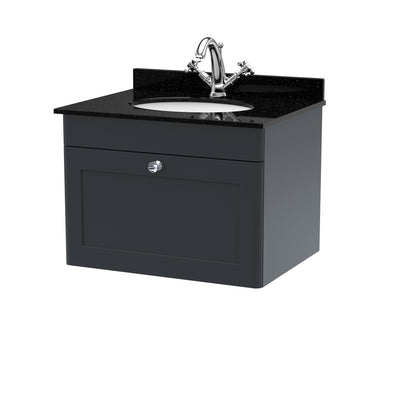 Classique 600mm Wall Hung Vanity Unit With 1 Drawer With Black Marble Worktop With Round Basin - Soft Black