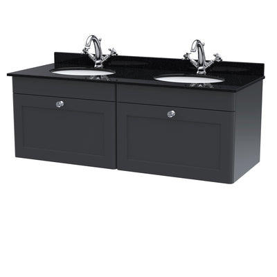 Classique 1200mm Wall Hung Vanity Unit With 2 Drawers With Black Marble Worktop With 2 Round Basins - Soft Black