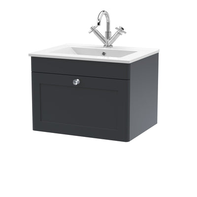 Classique 600mm Wall Hung Vanity Unit With 1 Drawer With Minimalist Ceramic Basin - Soft Black