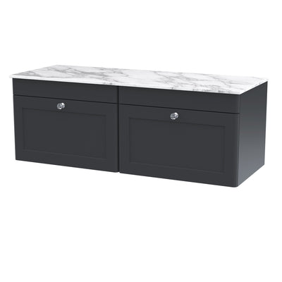 Classique 1200mm Wall Hung Vanity Unit With 2 Drawers With Carrera Marble Worktop - Soft Black