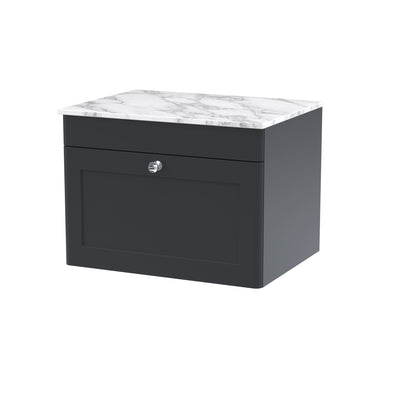 Classique 600mm Wall Hung Vanity Unit With 1 Drawer With Carrera Marble Worktop - Soft Black