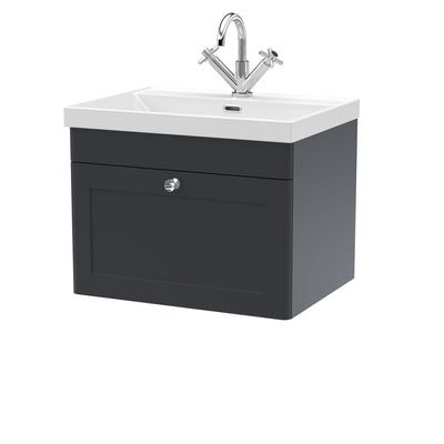 Classique 600mm Wall Hung Vanity Unit With 1 Drawer With Thin Edge Ceramic Basin - Soft Black