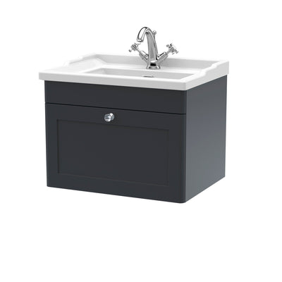 Classique 600mm Wall Hung Vanity Unit With 1 Drawer With Traditional Basin - Soft Black