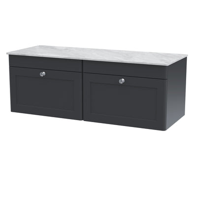 Classique 1200mm Wall Hung Vanity Unit With 2 Drawers With Grey Marble Worktop - Soft Black