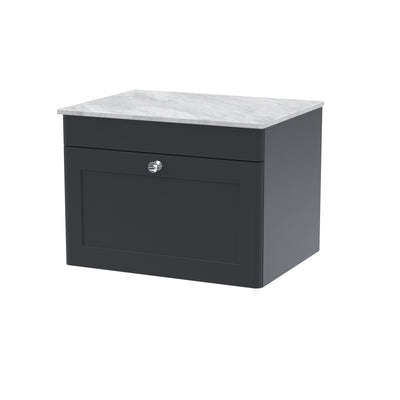 Classique 600mm Wall Hung Vanity Unit With 1 Drawer With Grey Marble Worktop - Soft Black